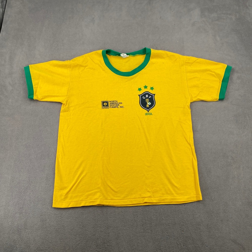 Vtg 80s Rare NASC Soccer Camp Brasil CBF Ringer T-Shirt Yellow XL Single Stitch